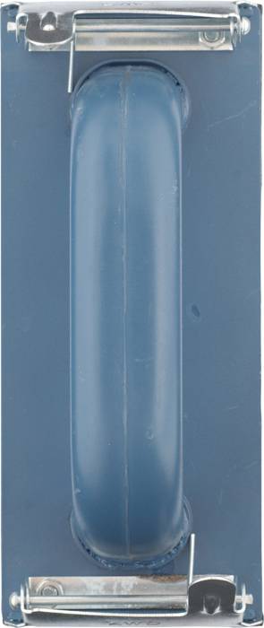 A blue, rectangular suitcase handle with silver mountings at both ends.