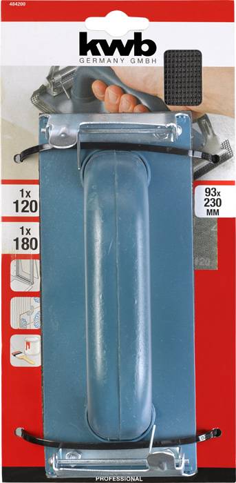 Kwb Hand Sanding Block with two Sanding Papers (Grit 120 and 180), Size 93x230 mm. Illustration shows application by hand.