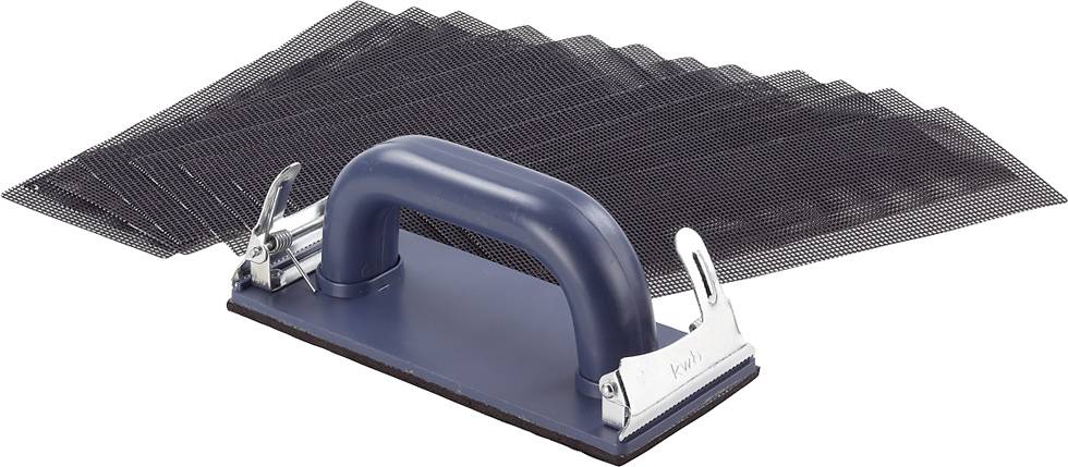 A blue sanding block with a metal clasp, along with several black sanding grids lying on a white surface.