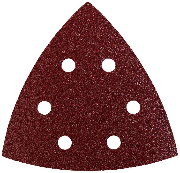 Red, triangular sandpaper with six holes, suitable for a multi-sander.