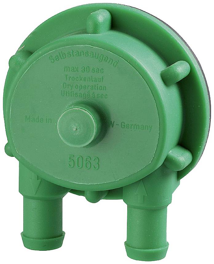 Green, self-priming plastic pump, labelled 'Self-priming max 30 sec dry running'. Made in Germany.