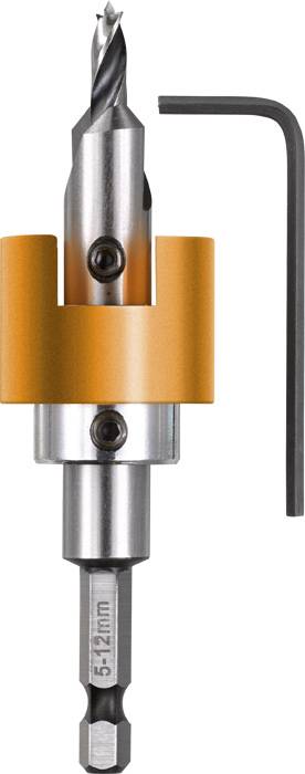 Drill attachment with orange clamp and L-shaped hex key; suitable for precision drilling in sizes ranging from 5–12 mm.