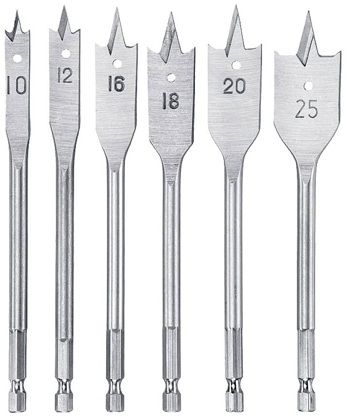Six flat drill bits in various sizes (10, 12, 16, 18, 20, 25 mm) are lined up side by side. They are used for drilling into wood.
