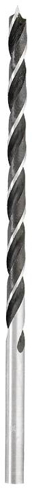 Close-up of a metal drill bit with spiral cutting edges.