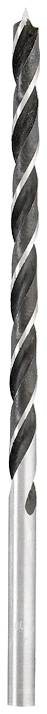 Close-up of a twist drill bit with a silver metallic structure and black spiral patterning, suitable for drilling work in solid materials.