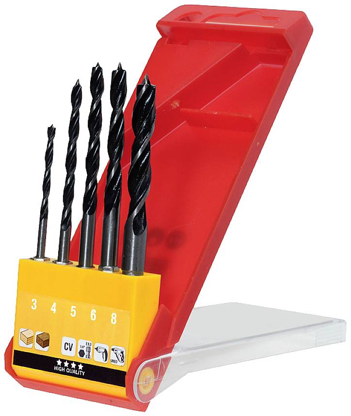 A set of five black drill bits of varying sizes in a red and yellow packaging, suitable for different materials.