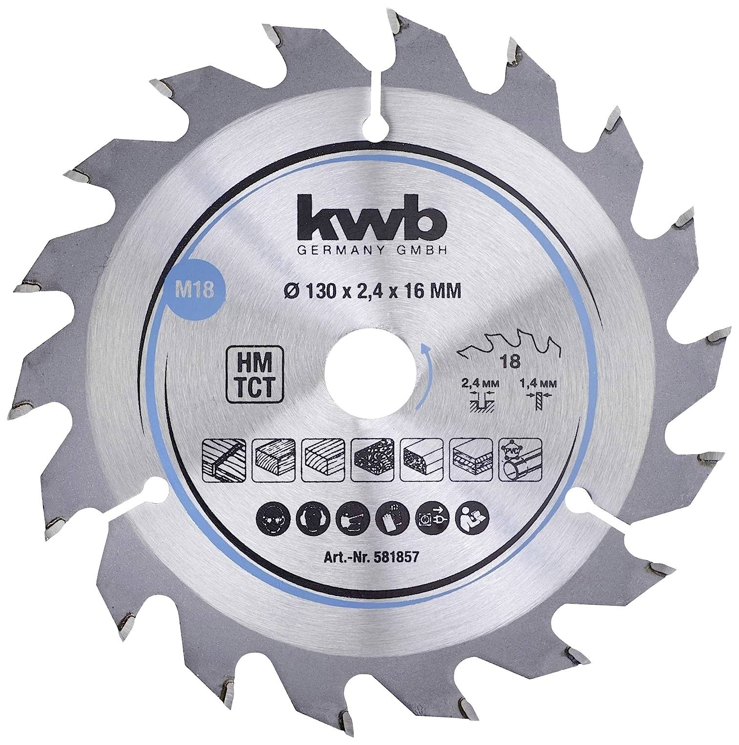 Circular saw blade with 18 teeth, diameter 130 mm, cutting width 2.4 mm. Suitable for wood, plastic and aluminium. Brand: KWB.