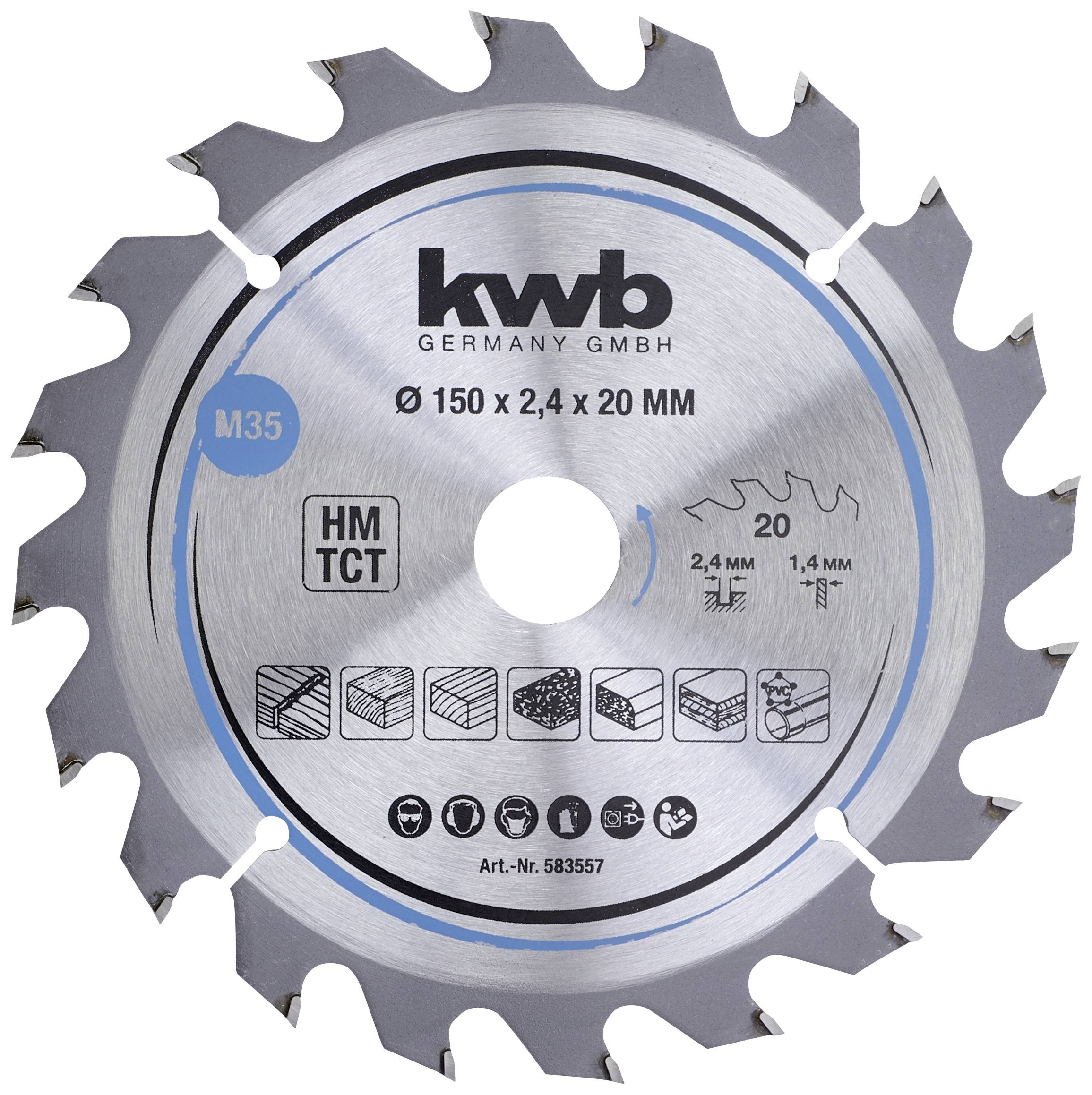 Circular saw blade with 20 teeth, 150 mm diameter, for wood and other materials, brand 'kwb Germany GmbH', item number 583557.