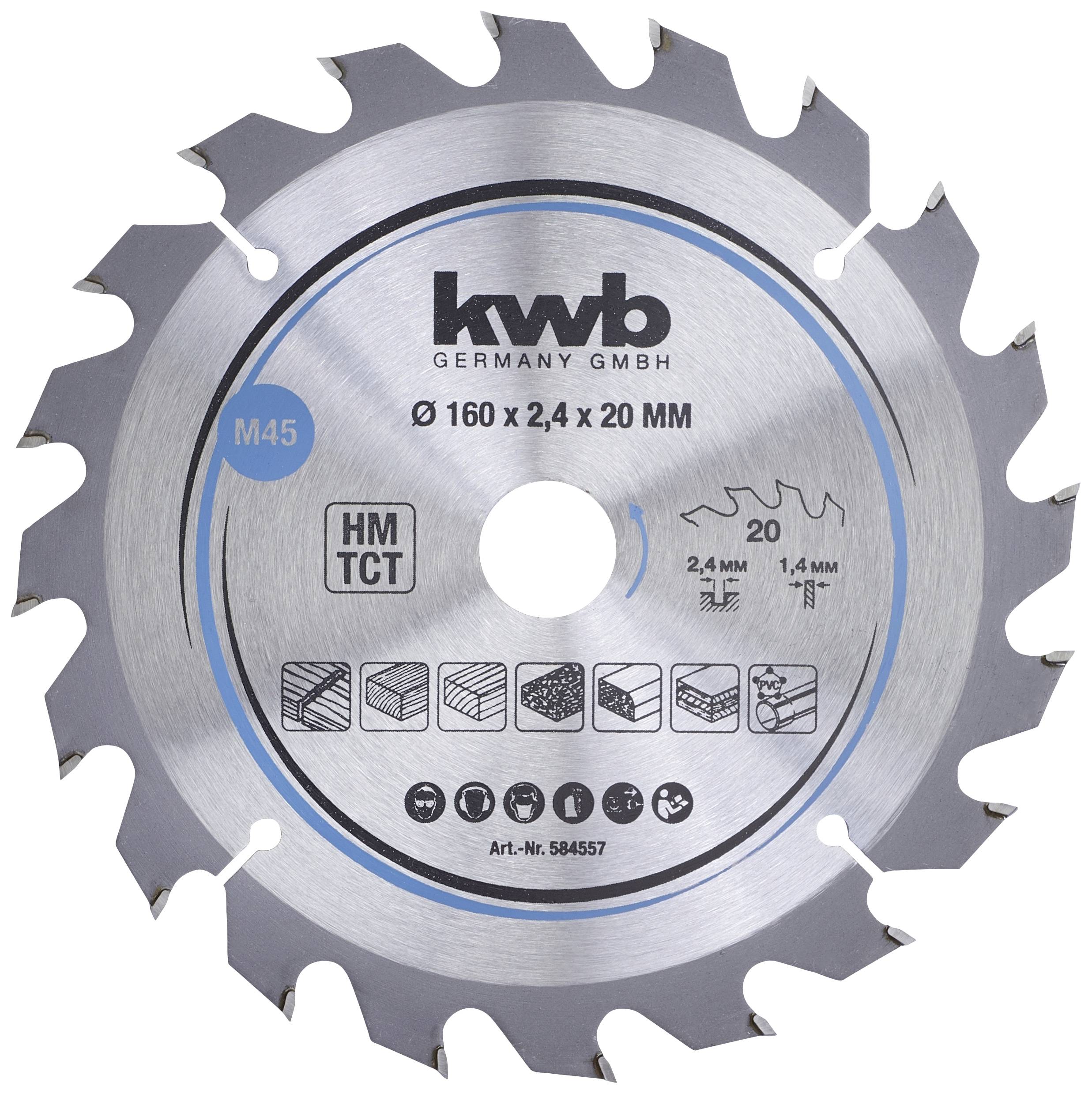 Metal circular saw blade, silver, with black markings. Inscription 'kwb GERMANY GMBH', diameter 160 mm, thickness 2.4 mm.