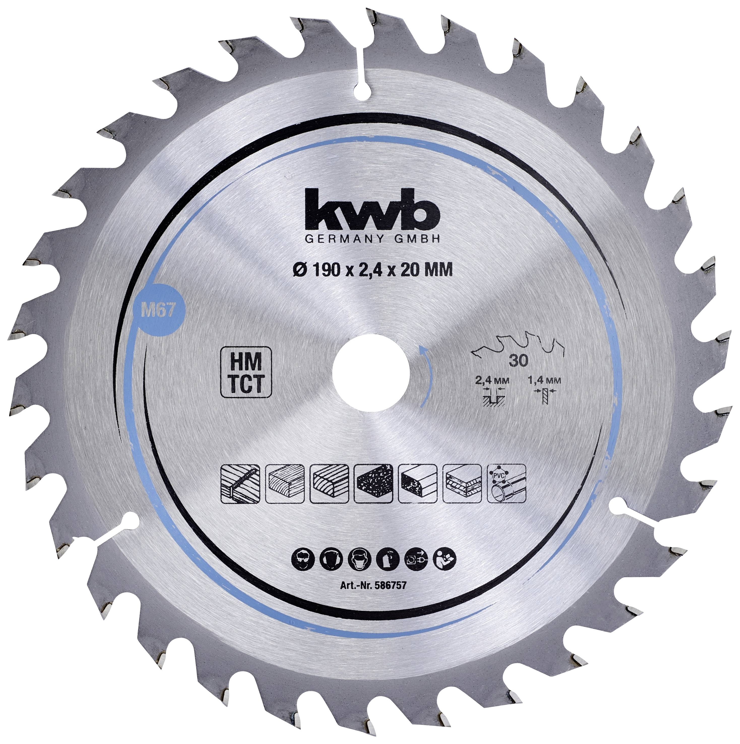 Circular Saw Blade with 24 teeth, suitable for woodworking. Text: 'Ø 190 x 2.4 x 20 mm', application symbols, brand 'kwb Germany'.