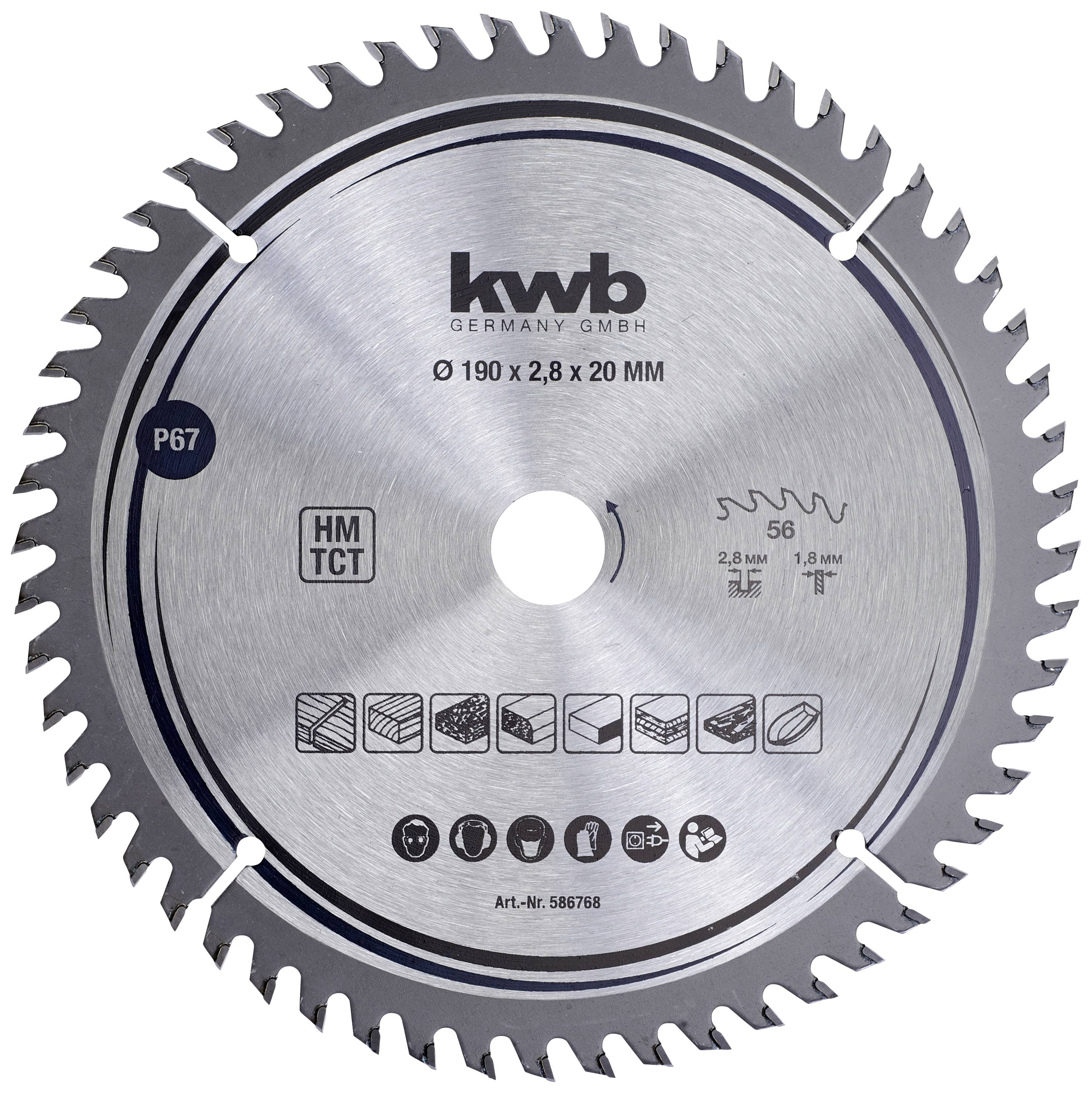 Circular saw blade by kwb Germany, 190 mm diameter, for cutting wood and metal, with application pictograms.