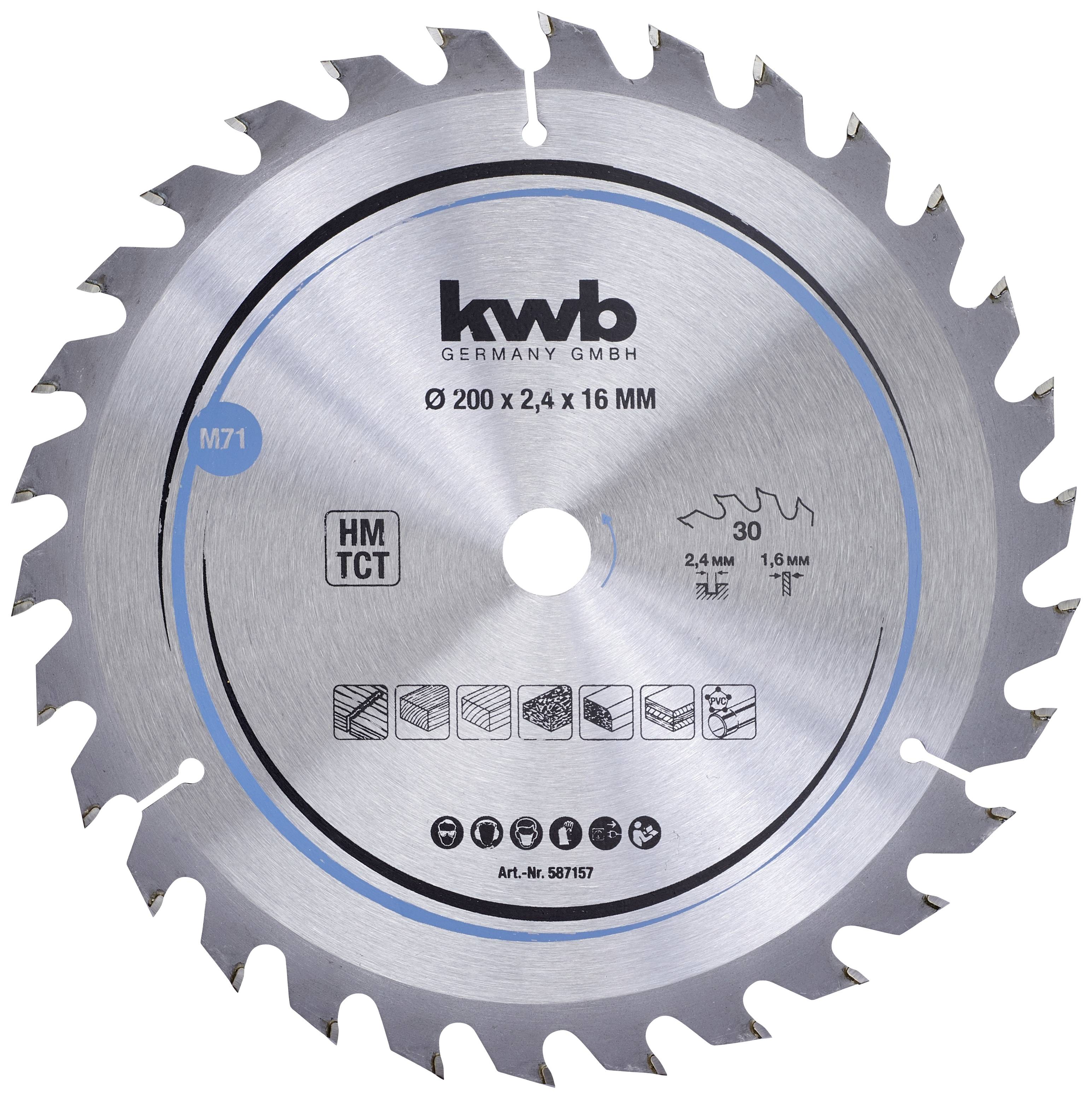 'KWB Kreissägeblatt HM TCT Ø 200 x 2,4 x 16 mm' mit Zähnen für Holzarbeiten. Enthält Piktogramme für Materialkompatibilität.