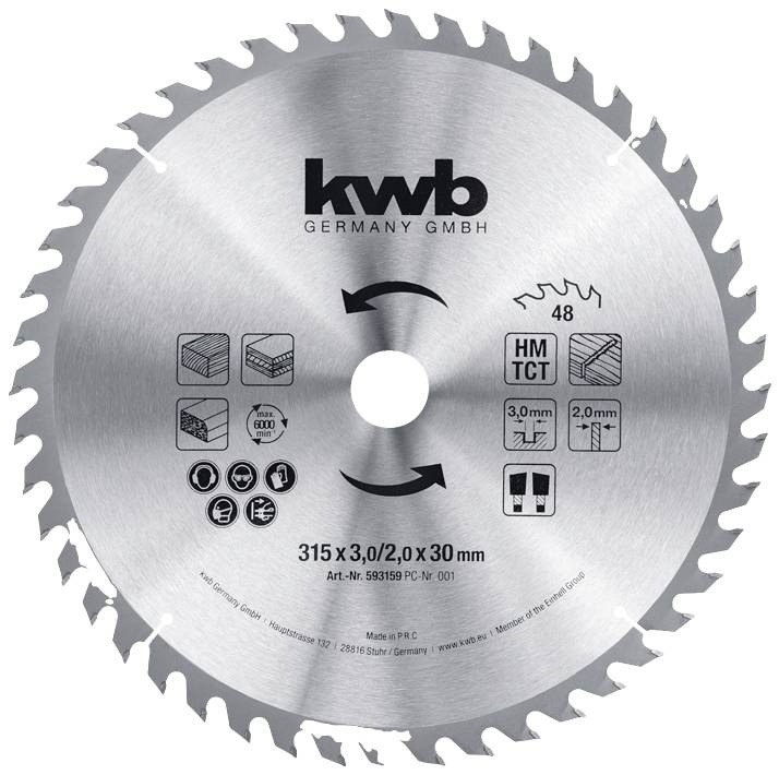 Steel circular saw blade, marked with 'kwb GERMANY GMBH'. Diameter: 315 mm. 48 teeth, suitable for wood and laminate.