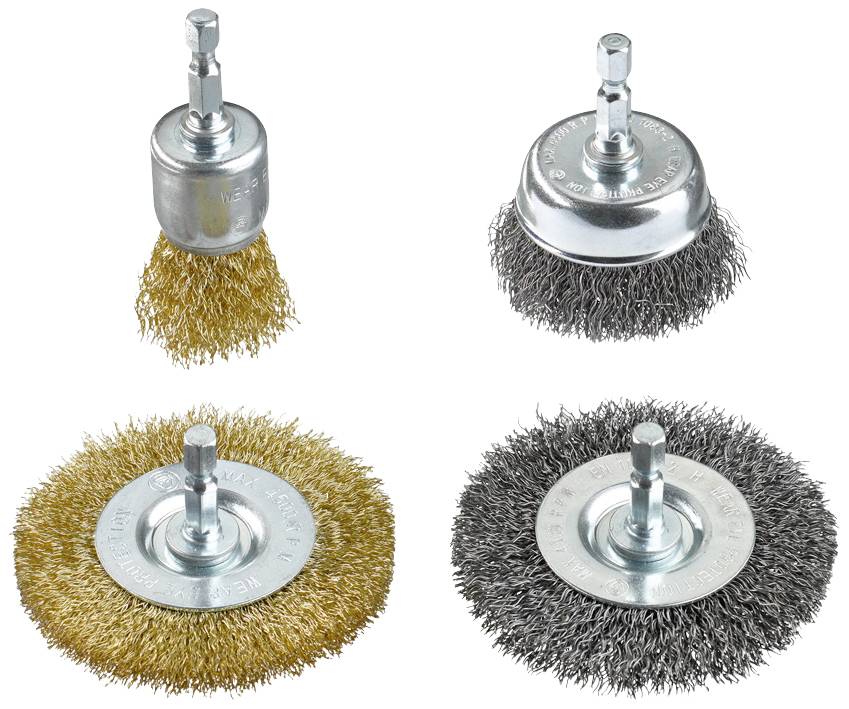 Four wire brushes in different shapes and sizes for metalworking. Each has steel shafts for attaching to tools.
