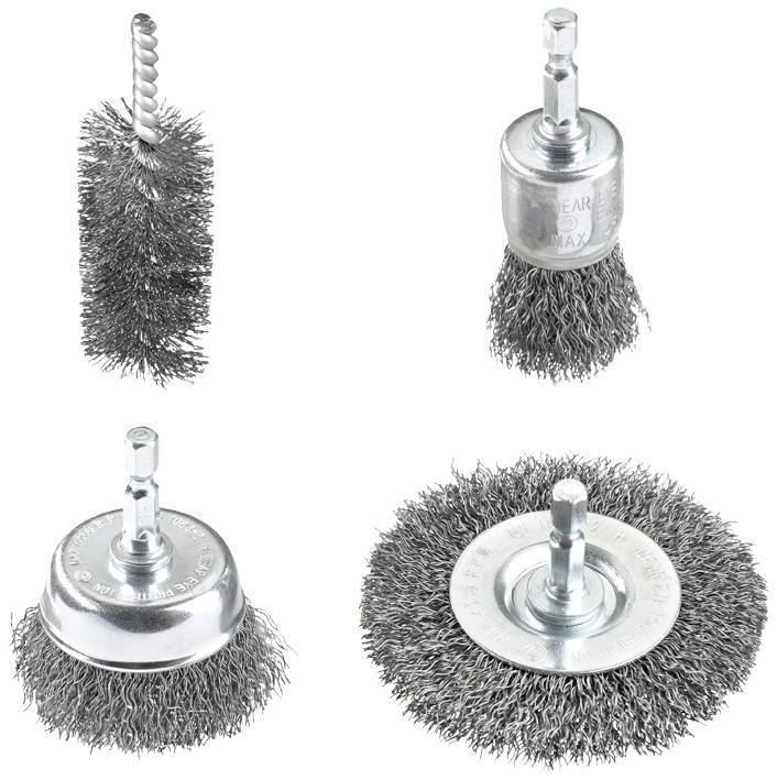 Four different steel wire brushes with attachments, suitable for drill machines, for cleaning metal surfaces.