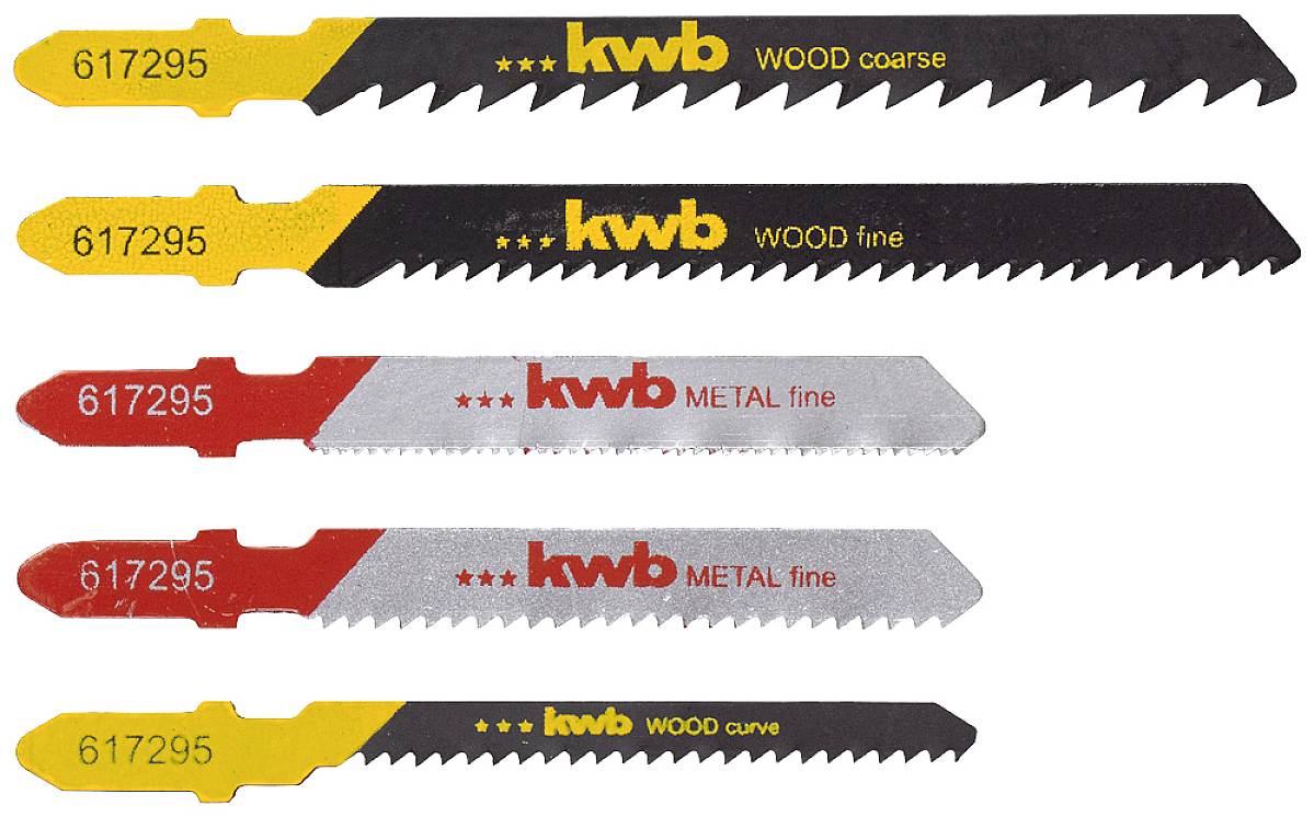 Five saw blades for wood and metal, in yellow, black and red, with different degrees of fineness: coarse, fine, curve.