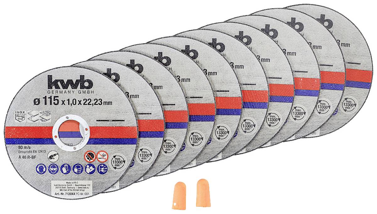 Eight grinding discs with the inscription 'kwb Germany GmbH' and two orange ear plugs.