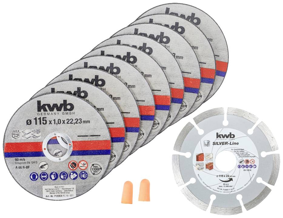 A set of seven cutting discs and one diamond cutting disc by 'kwb', suitable for metal and stone processing, with two ear plugs.