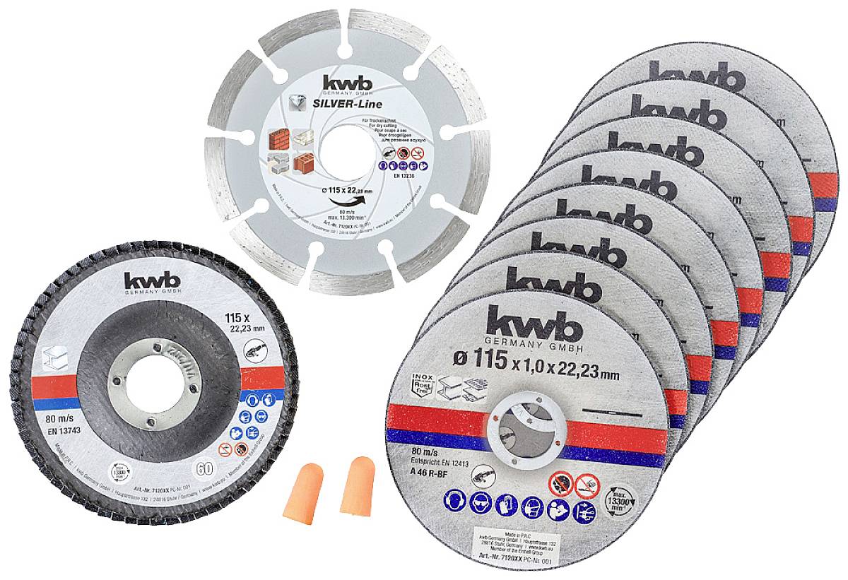 Set of cutting discs for angle grinders, including a diamond cutting disc and several metal discs. Also contains ear plugs.