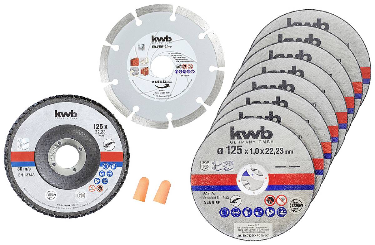 Grinding disc set comprising a diamond cutting disc, five cutting discs, a rough-cutting disc, and ear plugs.