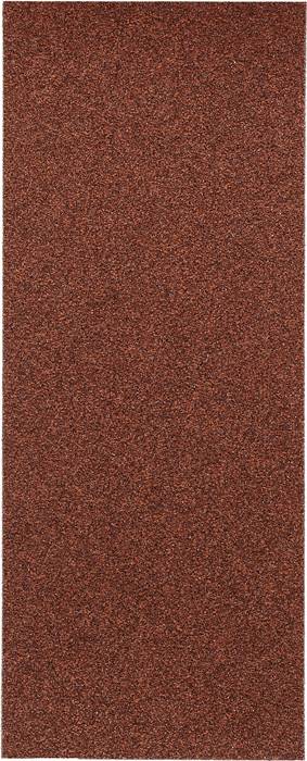 Long, rectangular carpet in reddish hues, textured and without pattern.