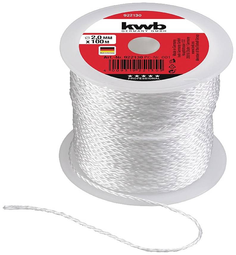 White nylon cord on reel, 2 mm diameter, 100 m length, KWB brand. Suitable for various household and garden applications.