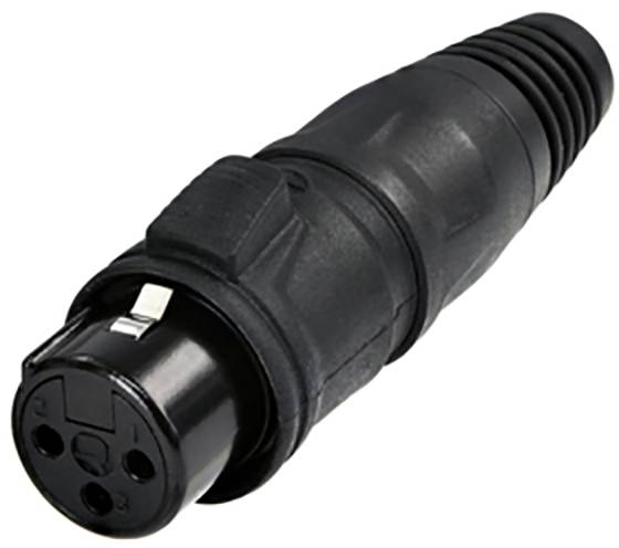 Black audio connector with three contact points and a knurled grip, most commonly used in sound and lighting technology.