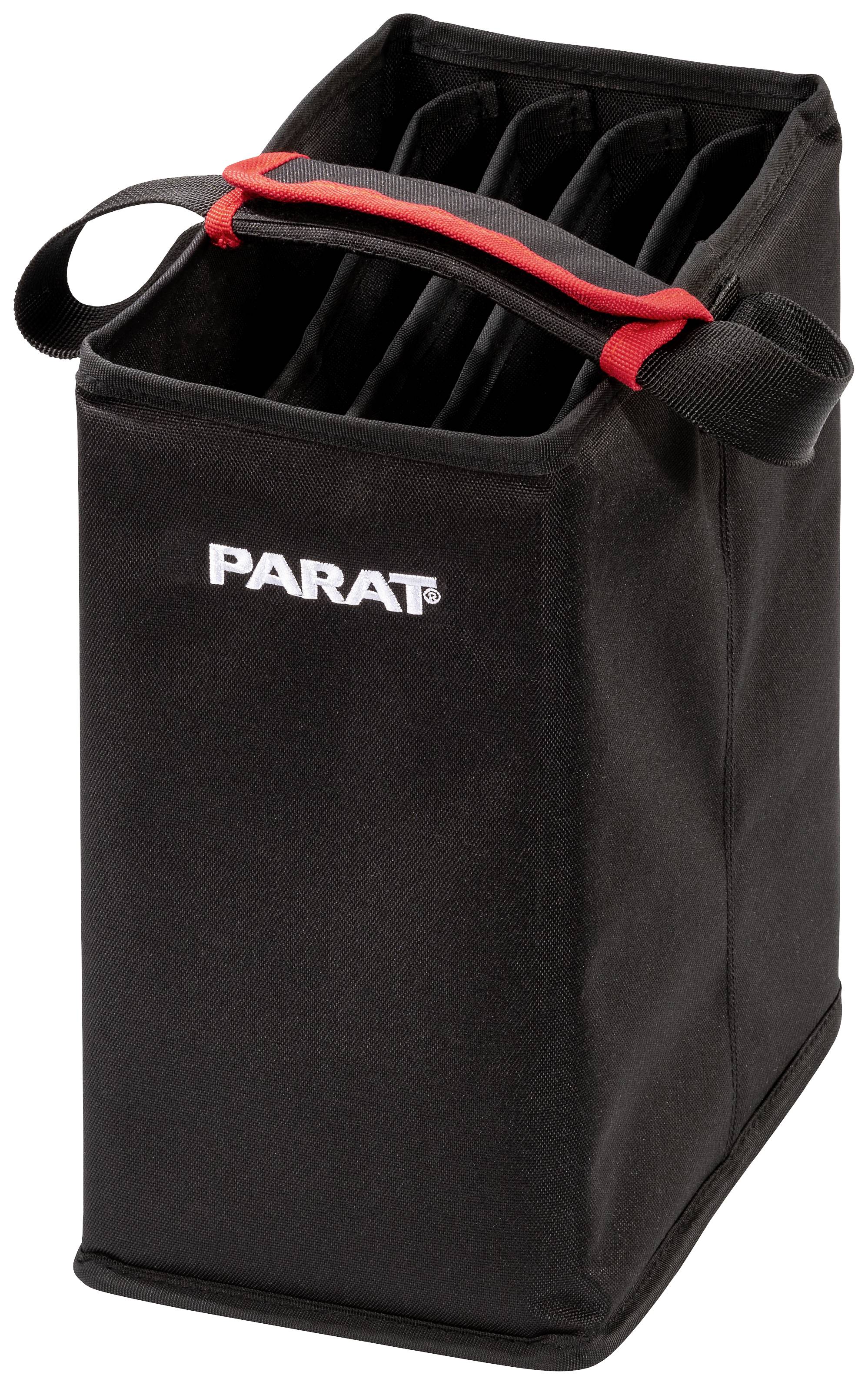 Black tool bag with red carrying handle, four interior compartments, brand name 'PARAT' on the side.