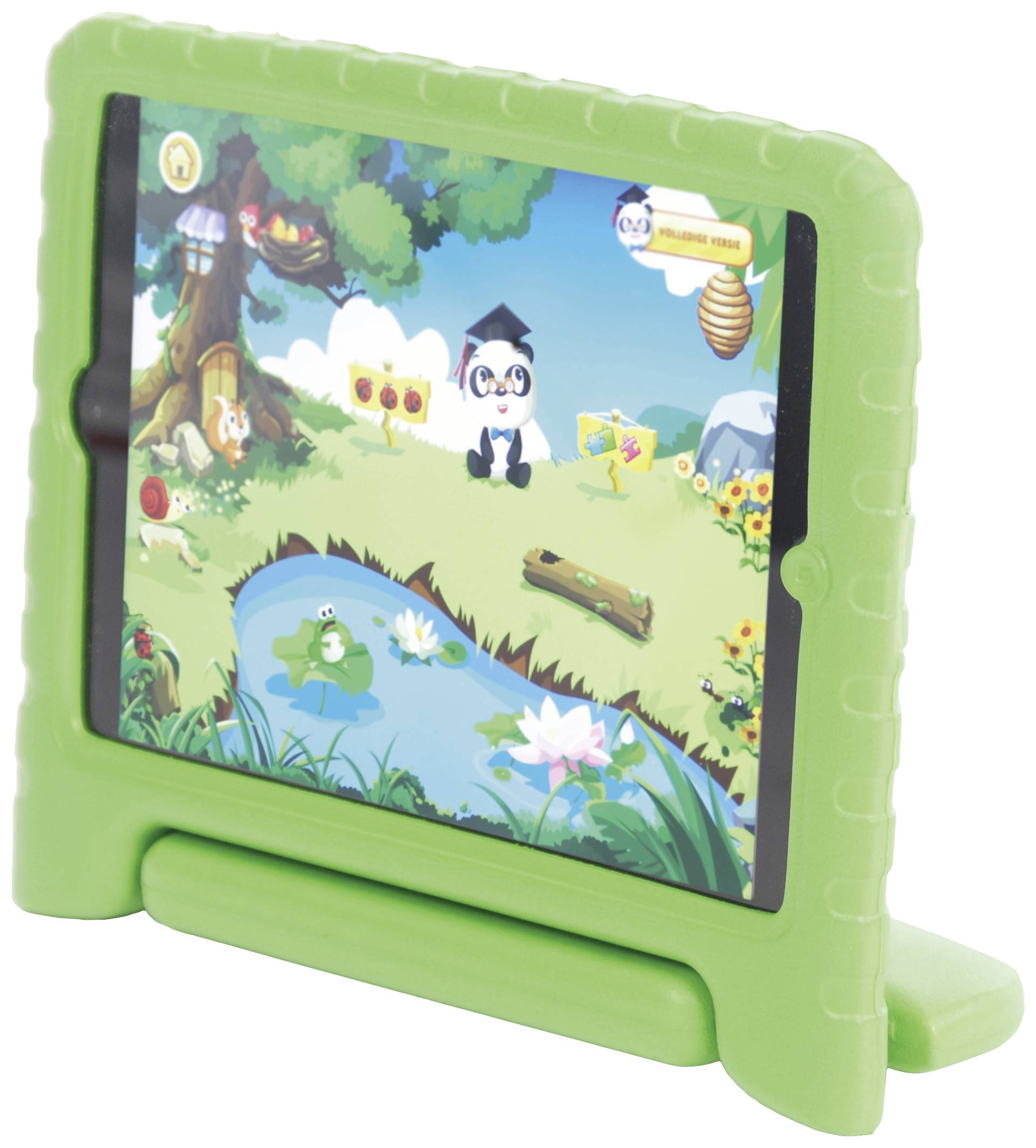 A tablet with a green casing displays a learning game with a cartoon landscape, a panda wearing a cap, a tree, and a pond.