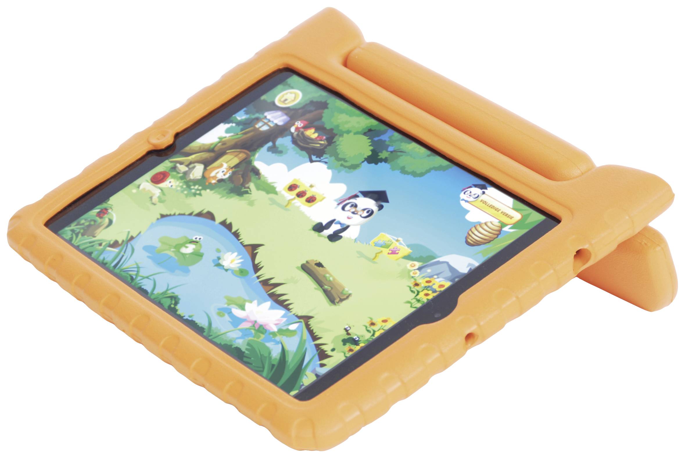 A tablet with an orange protective case displays a child-friendly game featuring animal characters and a colourful landscape.