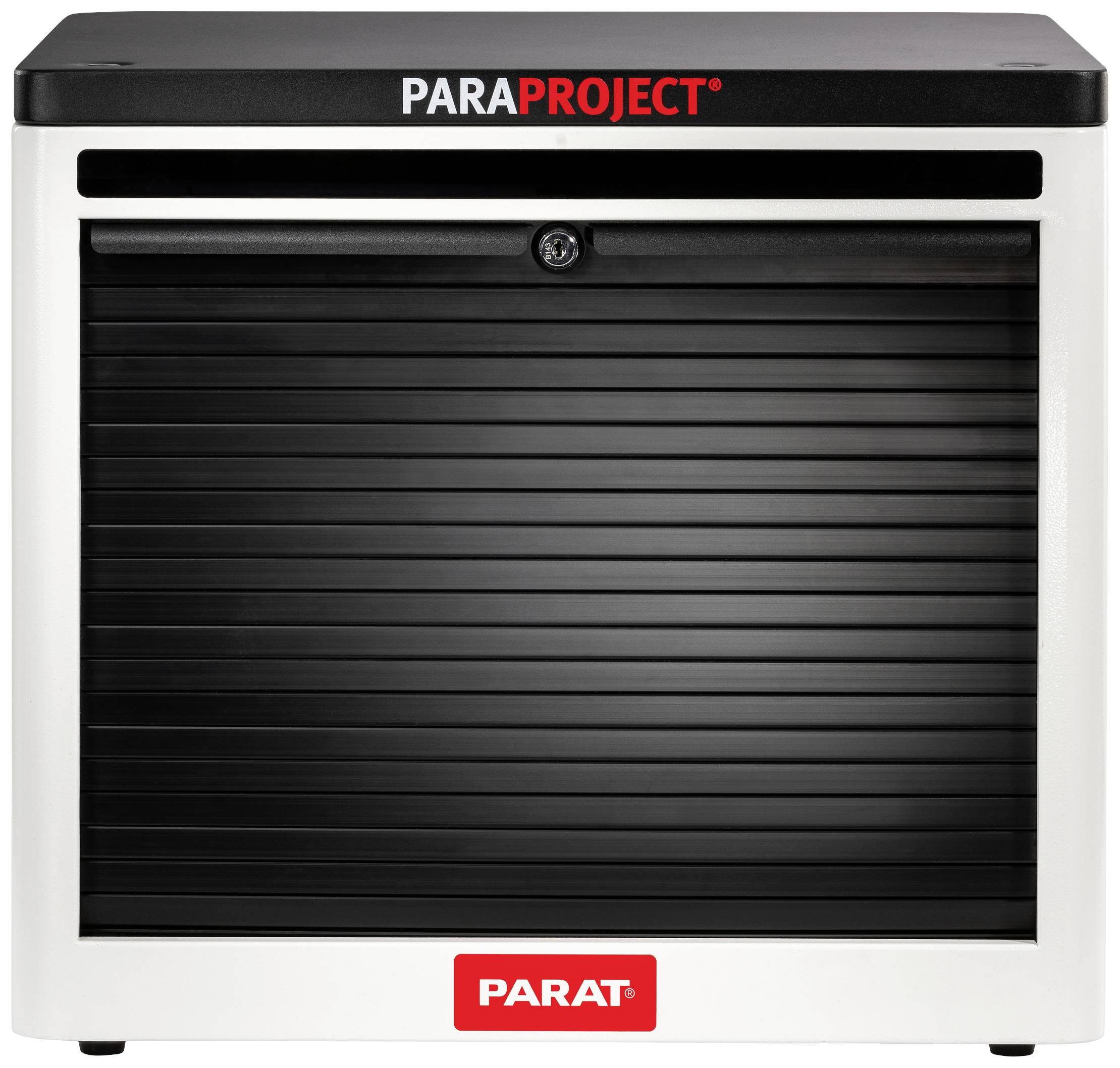 Enclosed, rectangular charging trolley by PARAT, with a black roller shutter and the 'PARAPROJECT' lettering on top.