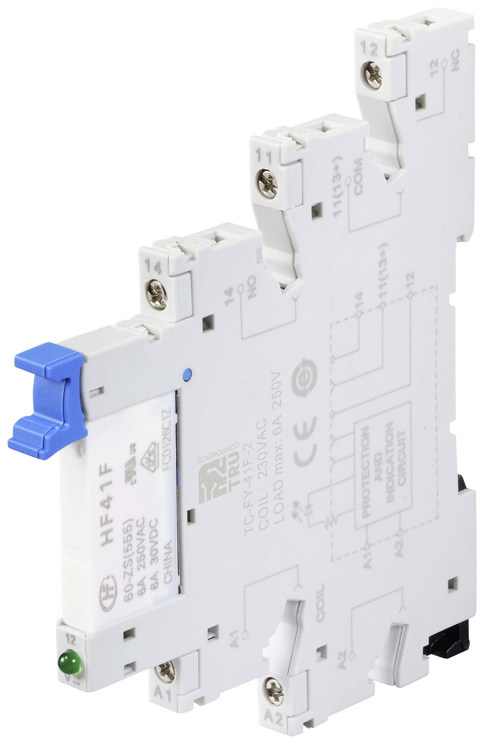Relay module with blue release button, suitable for industrial automation and control, shown from the side.