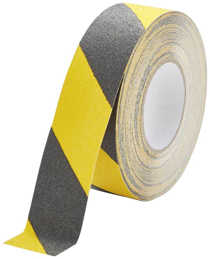Roll of adhesive tape with yellow and black diagonal stripes, particularly suitable for marking hazardous areas or cordoning off sections.