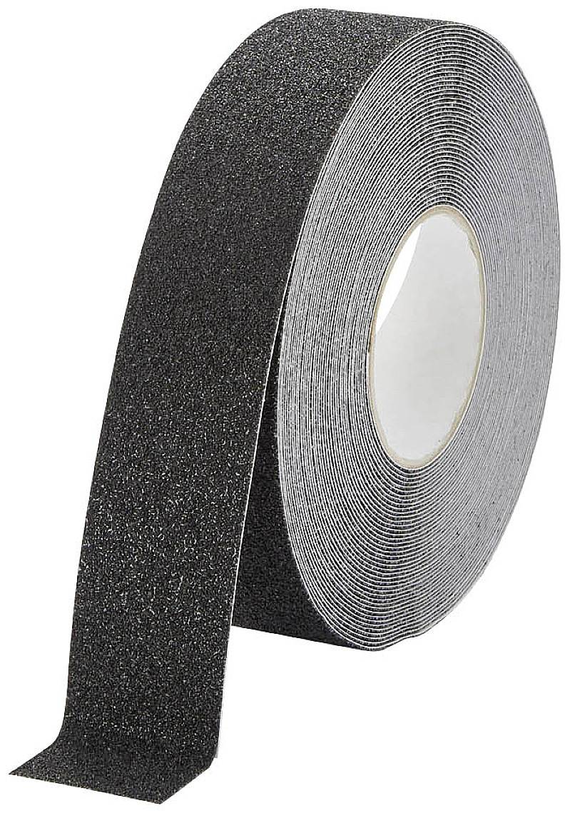 A roll of black anti-slip adhesive tape with a rough surface, ready to be used on smooth surfaces to increase safety.
