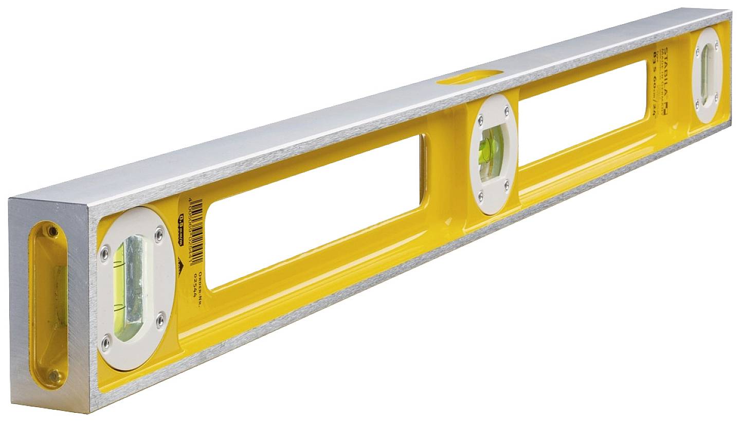Yellow spirit level with metal frame and two vials, used for precise alignment and measurement of horizontal or vertical lines.