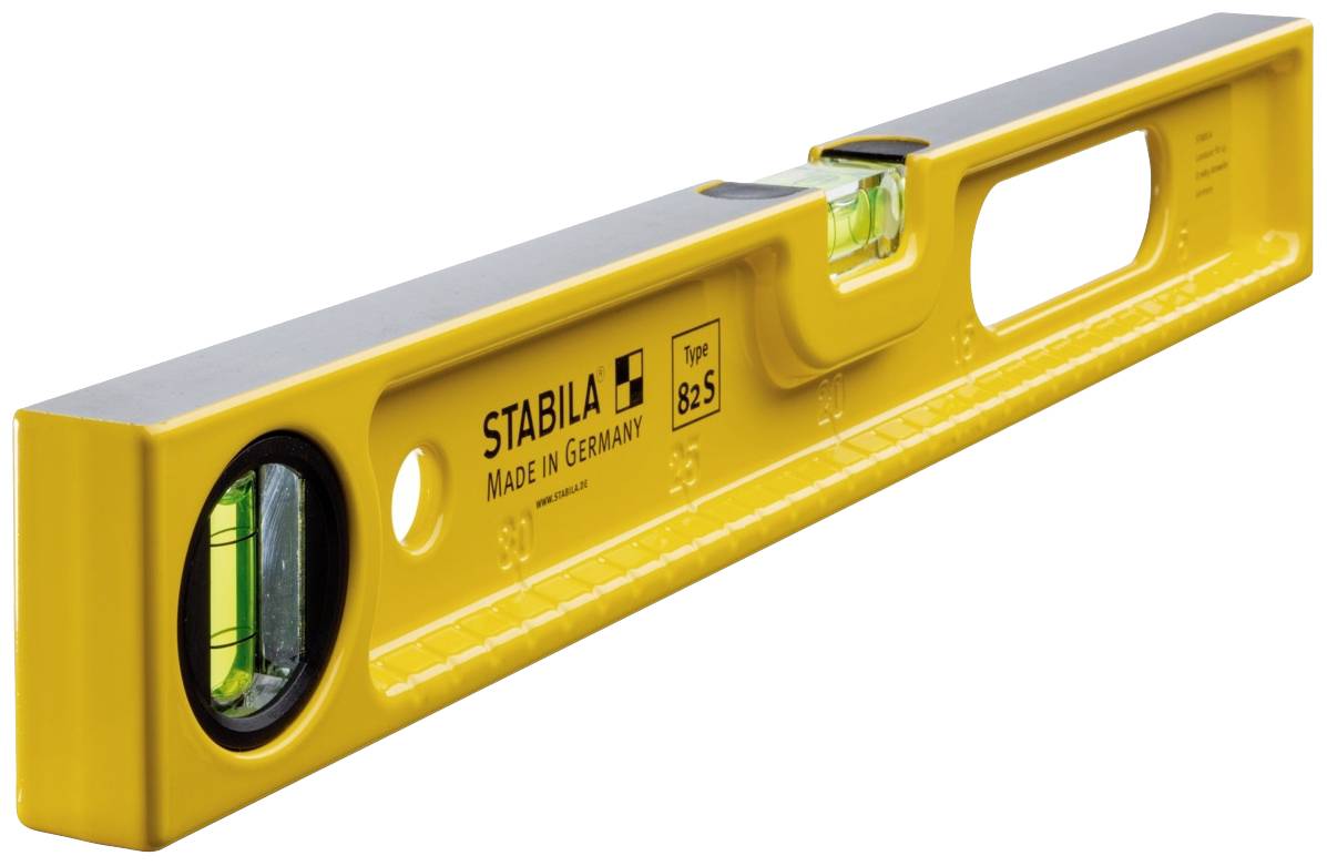 A yellow metal spirit level with 'STABILA Made in Germany' printed on it. It has two vials for checking horizontal and vertical alignment.