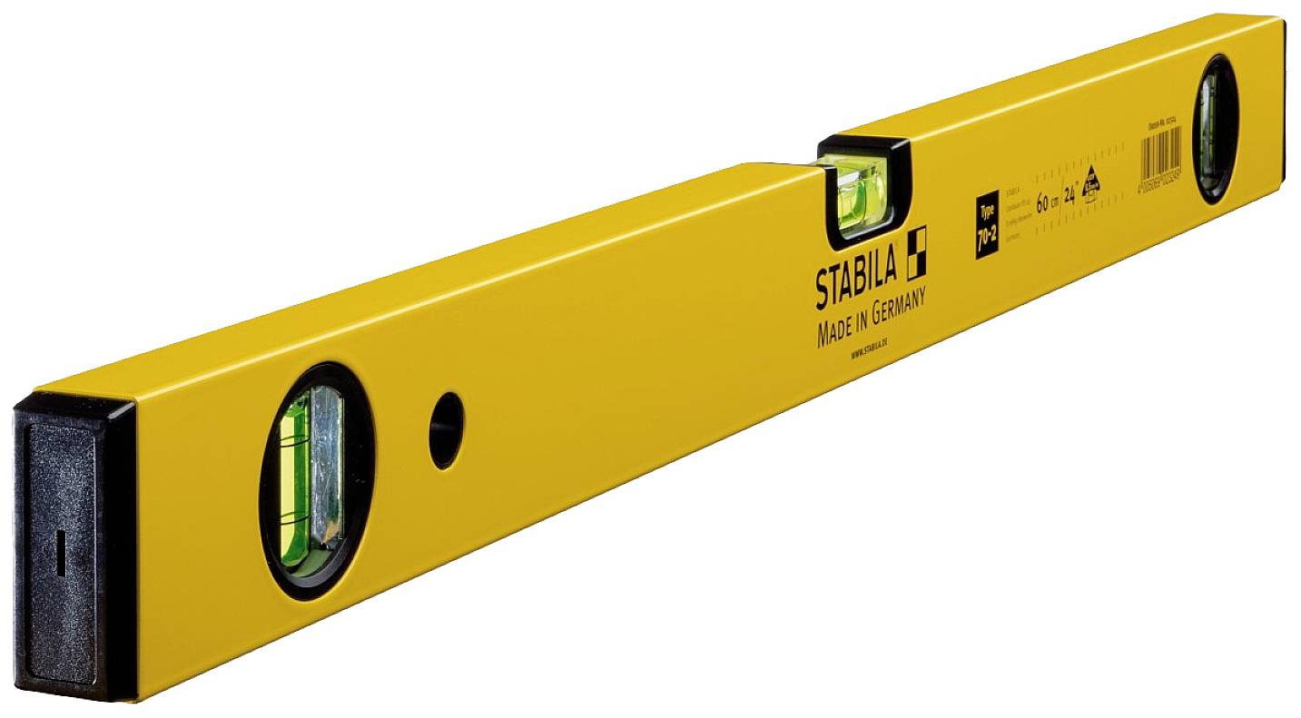 A yellow spirit level with a bubble vial for measuring horizontal and vertical alignment. Marked 'Stabila, Made in Germany'.
