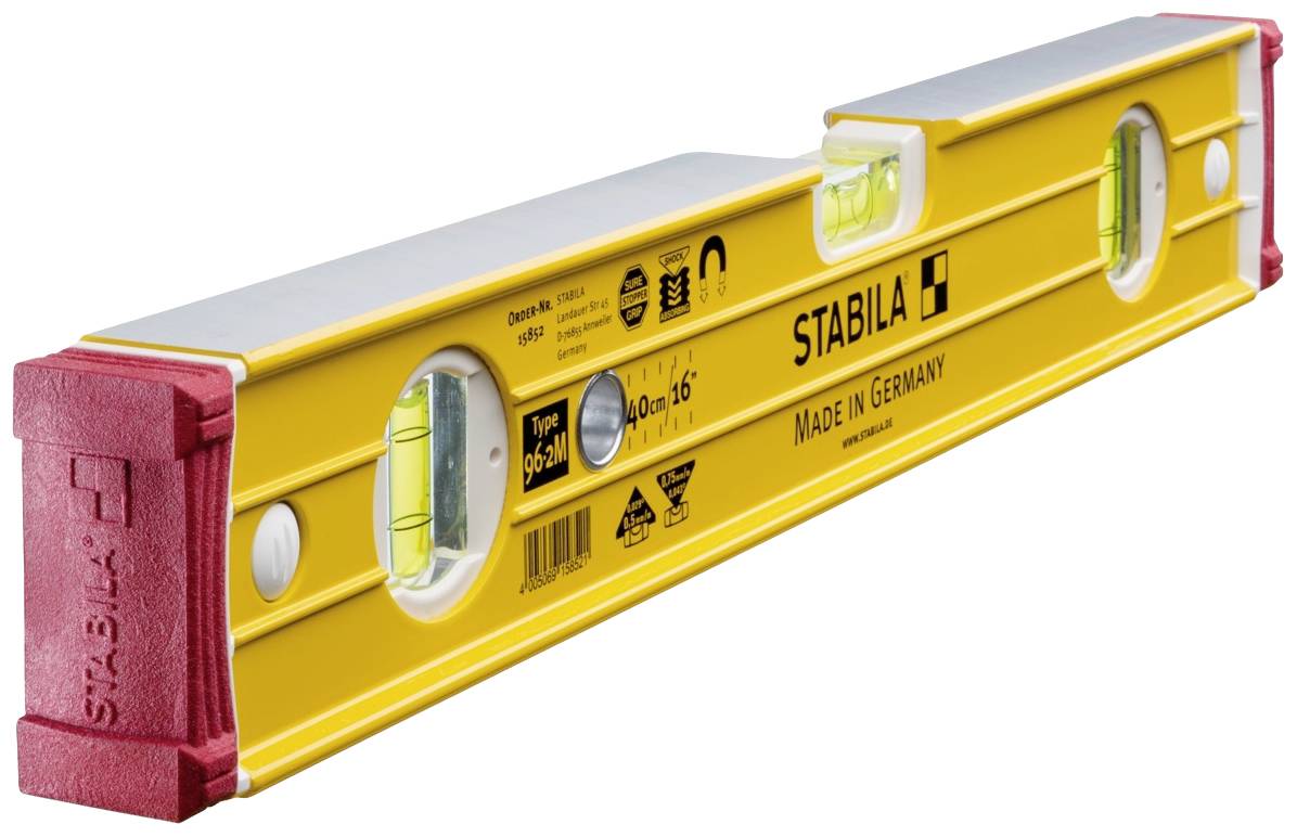 Yellow spirit level with red end caps, STABILA brand. Made in Germany. Contains measuring markers and two vials for levelling.