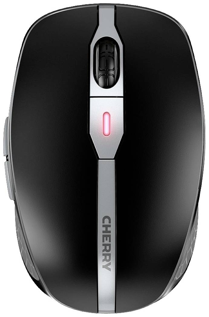 Black computer mouse viewed from above, with a silver stripe and red light.
