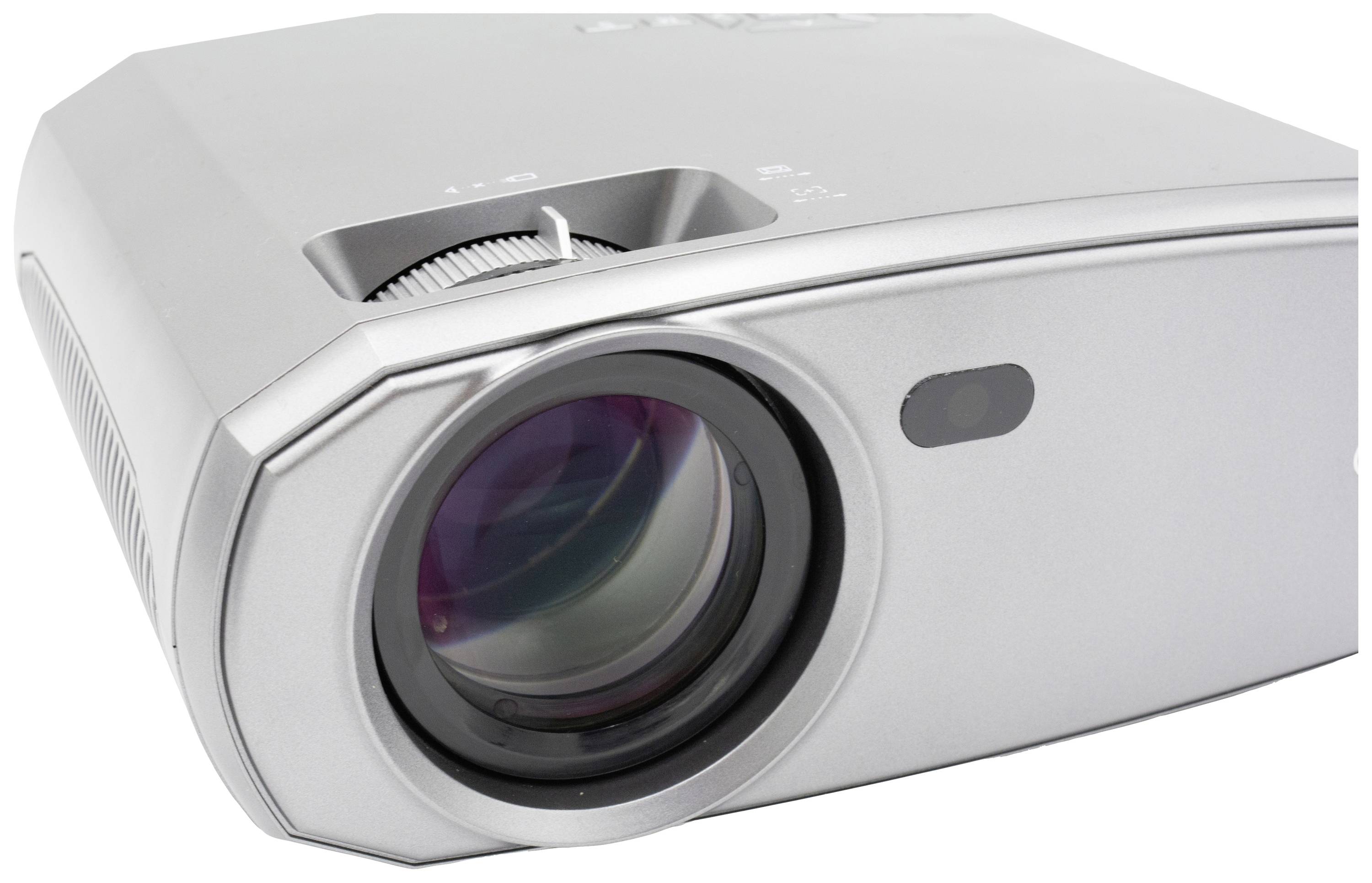 A silver video projector with a large lens, suitable for presentations in offices or educational settings.