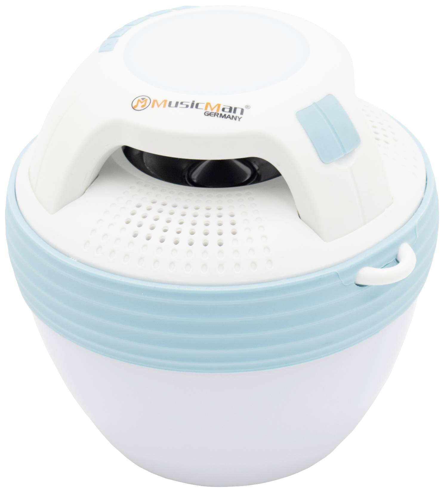 Portable speaker in white and blue with carrying handle, 'MusicMan Germany' logo printed. Perfect for music on the go.