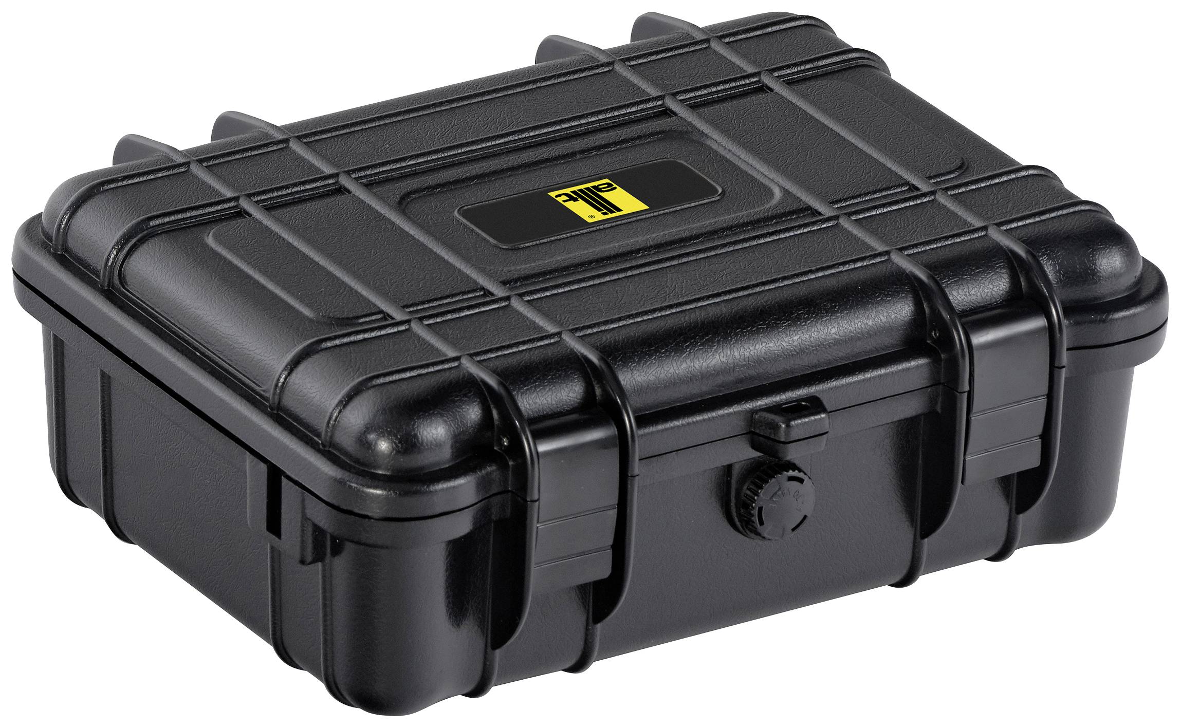 Black, sturdy transport case with a robust fastening mechanism and yellow logo on the lid, suitable for the safe transportation of delicate equipment.
