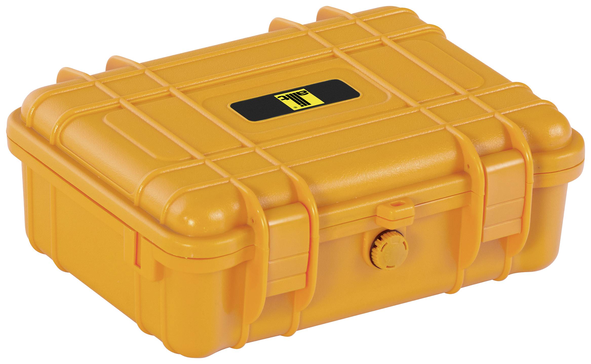 Orange protective case with robust design and locking mechanism, ideal for securely transporting delicate items.