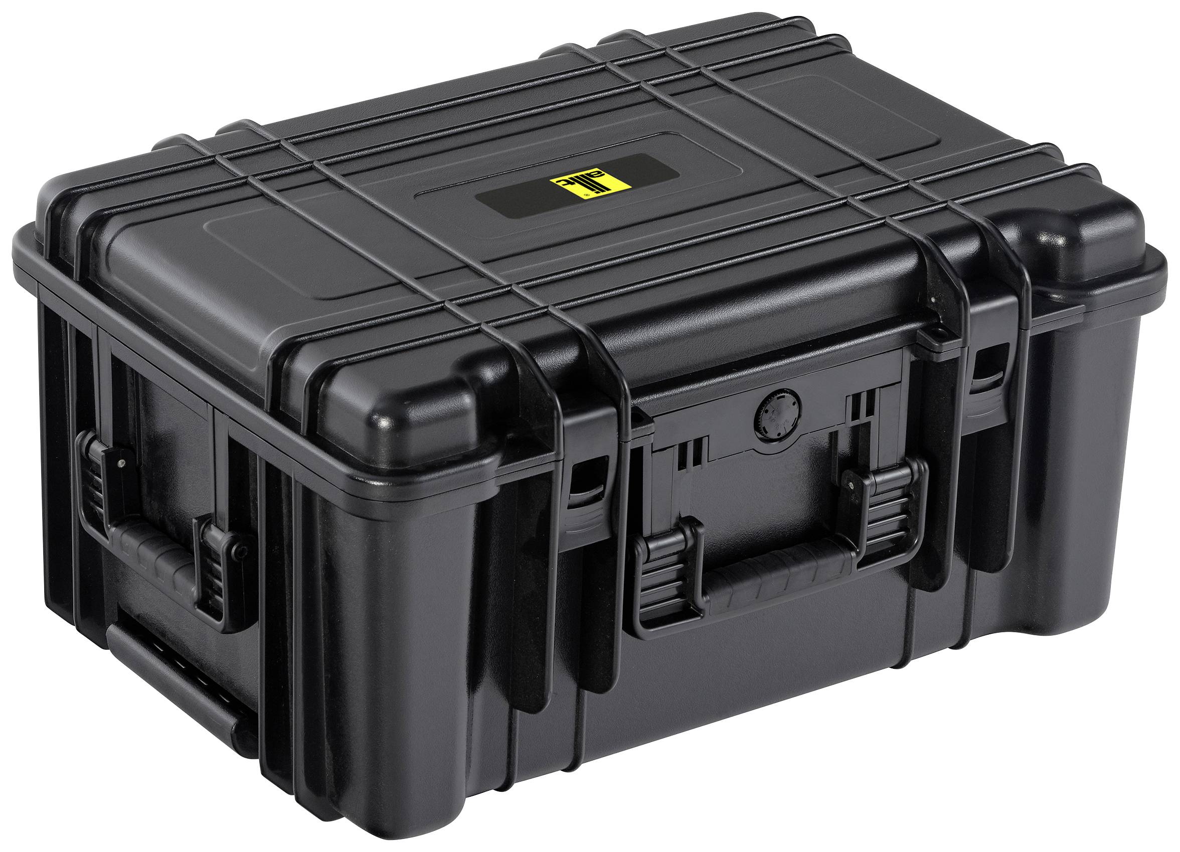 Black, robust protective case with a yellow label on the lid. Case has a handle and locks.