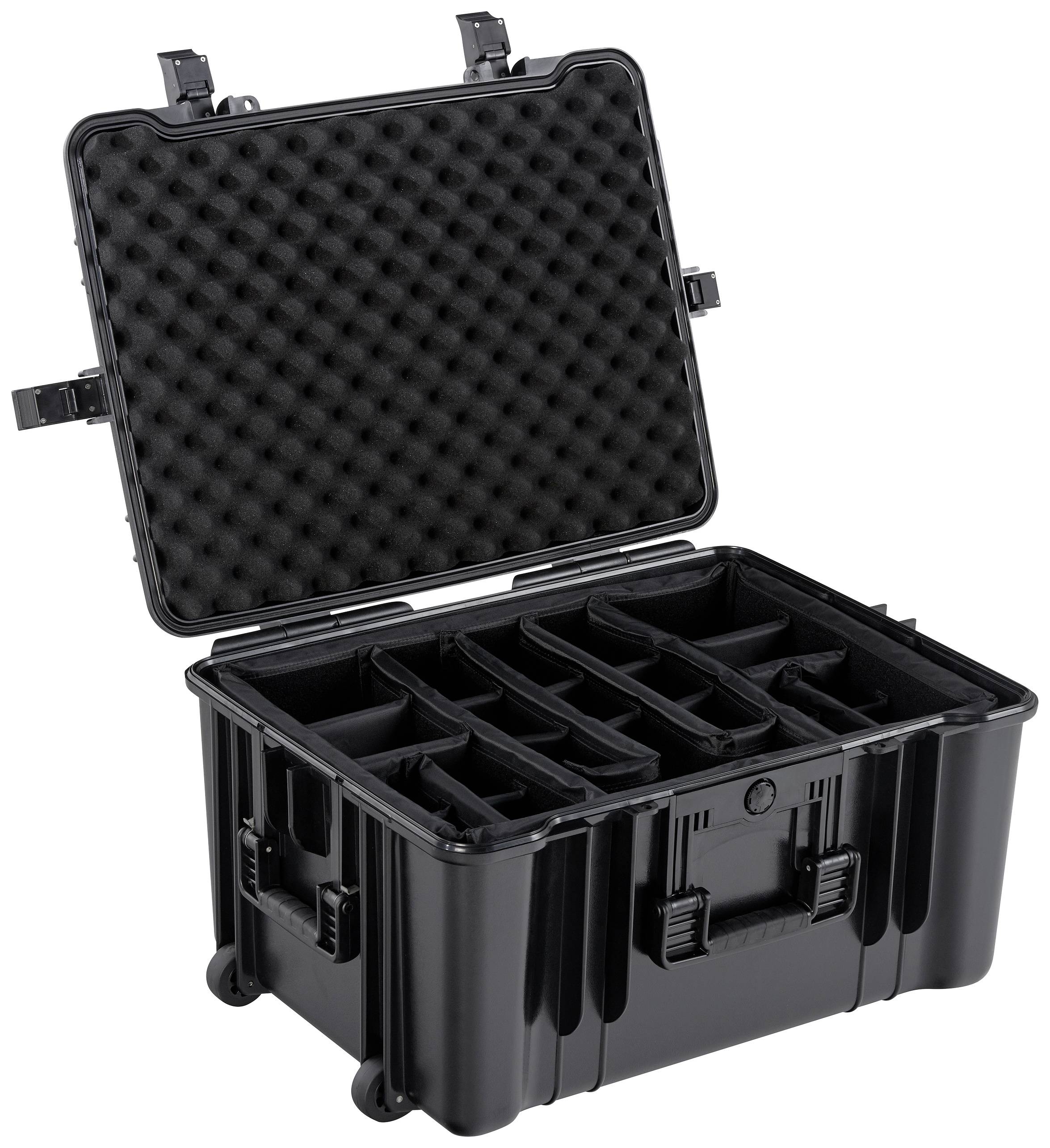 Black, robust transport case with an open lid and foam padding. Multiple compartments for storage and organisation.