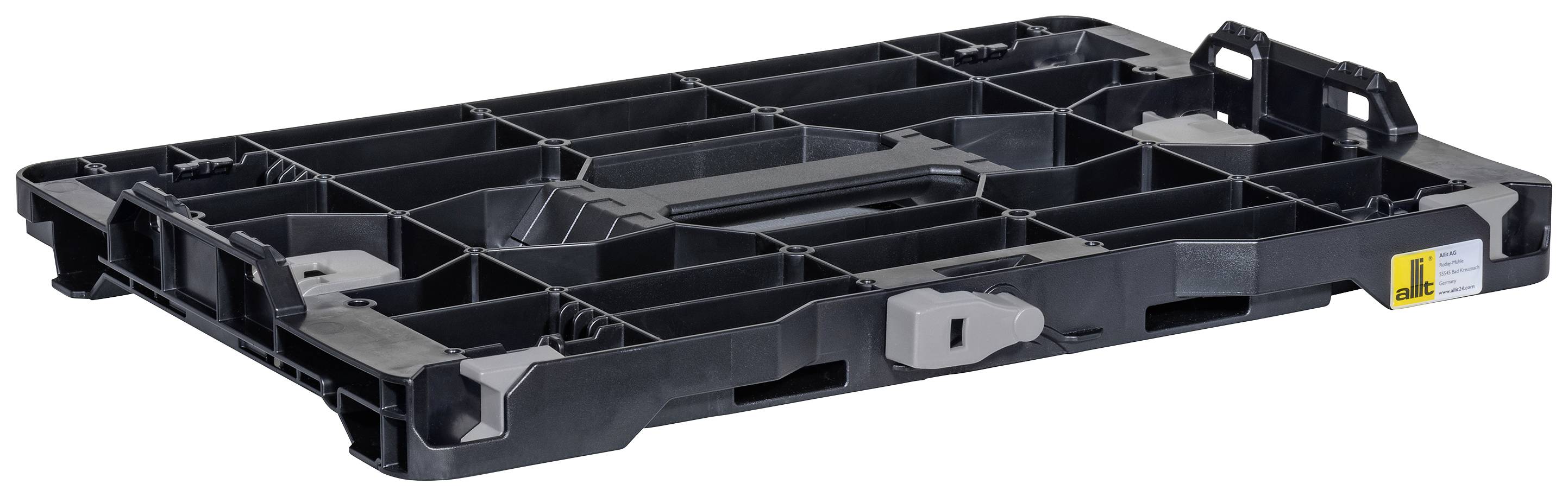 A black plastic pallet with a rectangular shape and integrated hand grips. Ideal for the transportation of goods.