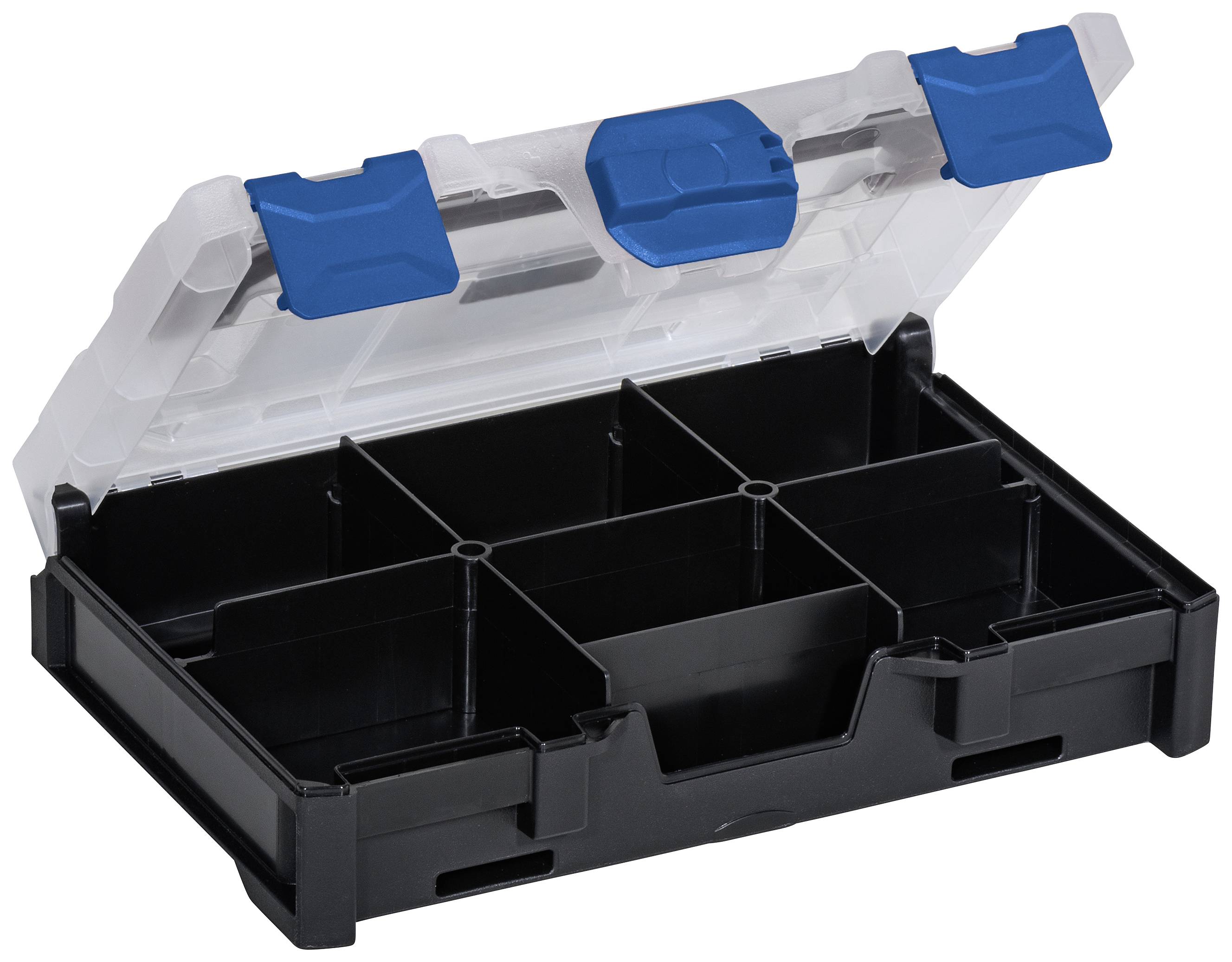 A black plastic storage box with an open, transparent lid and blue fasteners. It has six compartments.