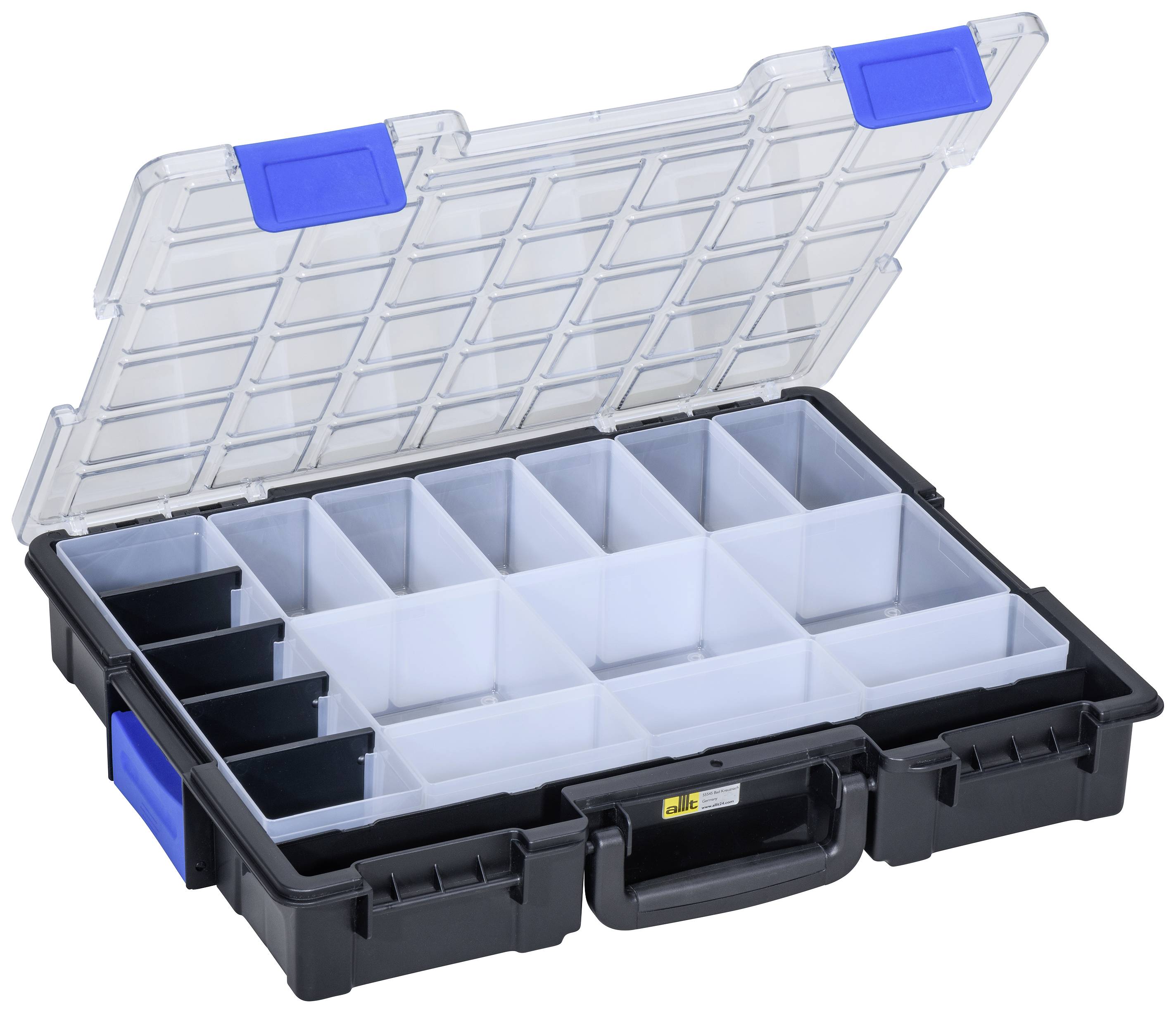 A clear, transparent plastic organiser with a blue closing flap, filled with multiple square compartments for storage.