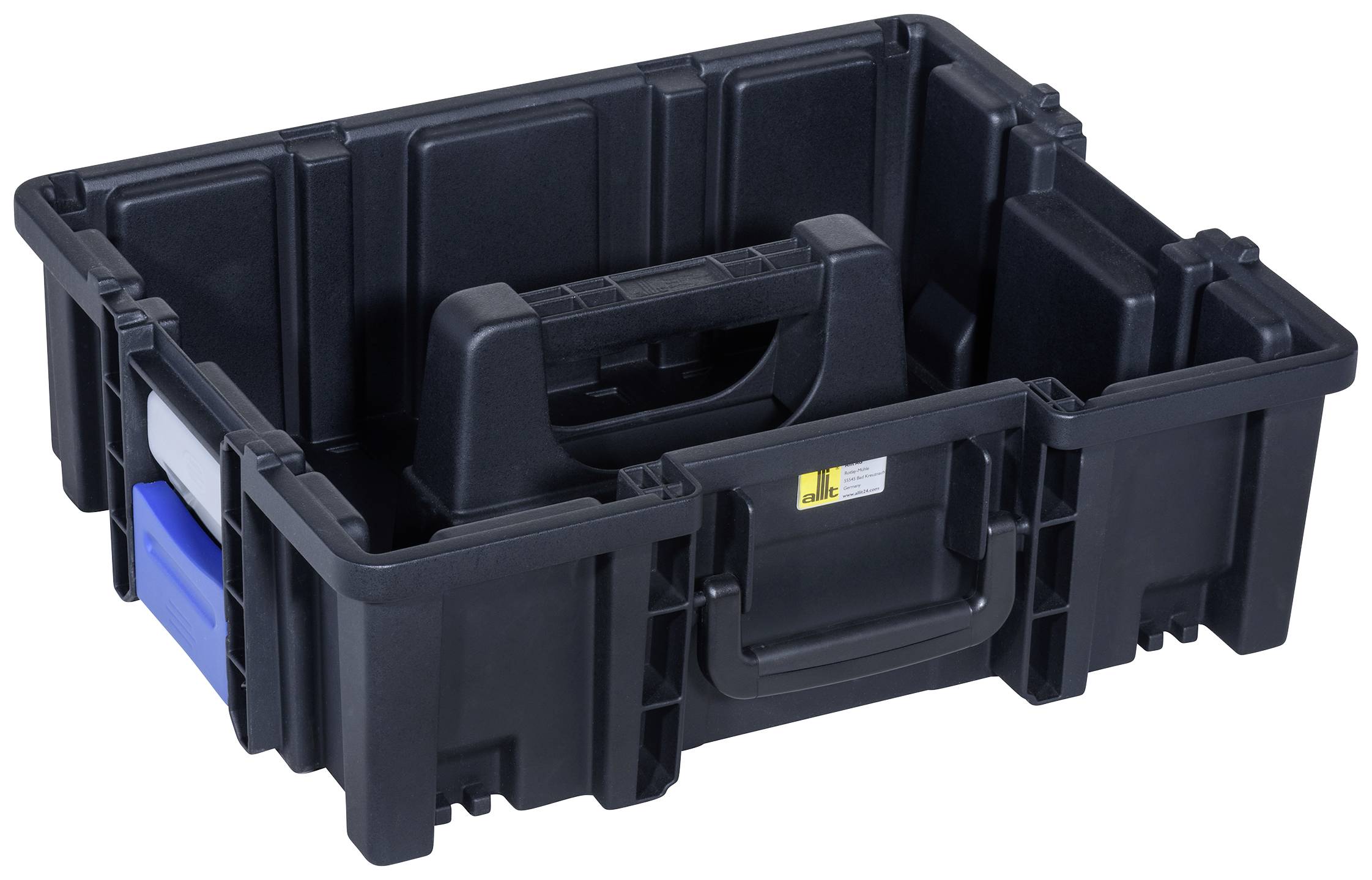 Black plastic toolbox with a blue compartment on the side. Carrying handle in the centre. Suitable for storing tools.