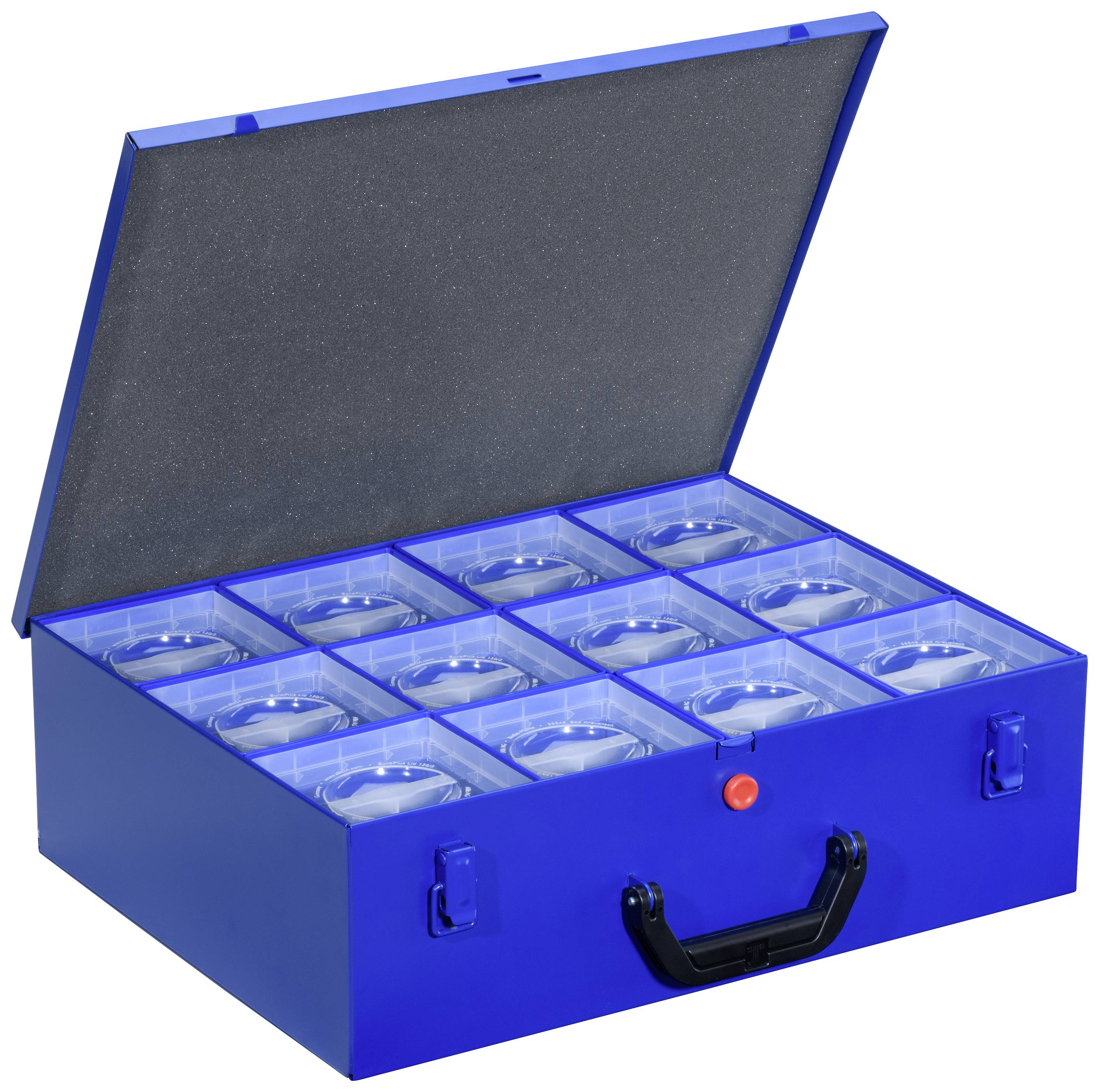 Blue suitcase with open lid reveals twelve individual compartments with transparent covers, suitable for storage or display.